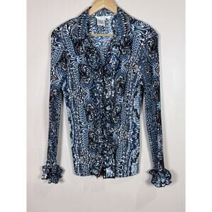VTG Como Stretch Womens Blouse Micro Pleats Ruffle Funky Artsy 70s L Whimsigoth